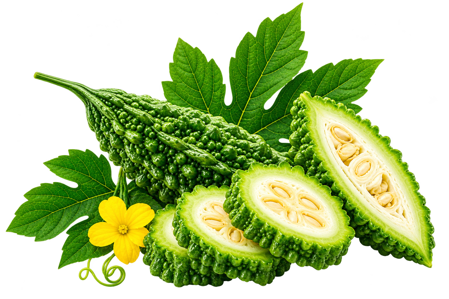 Buah peria katak bersama daun dan bunga